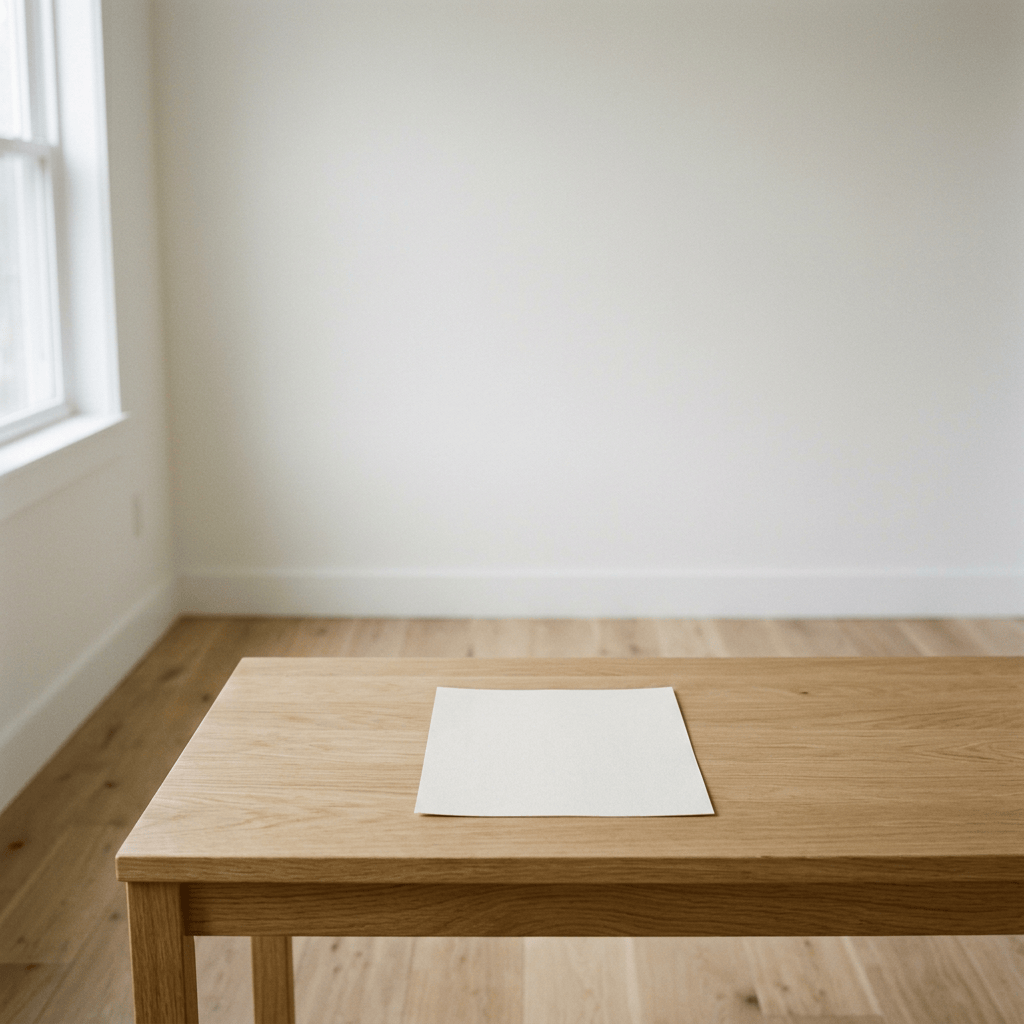Blank sheet of paper on a wooden table in a bright room